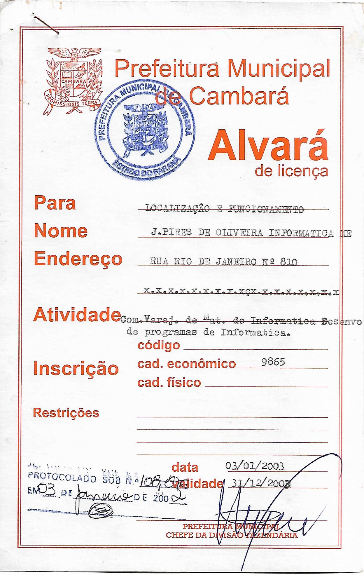 Alvará de licença da J.Pires de Oliveira Informática, emitido pela Prefeitura Municipal de Cambará em 03/01/2003
